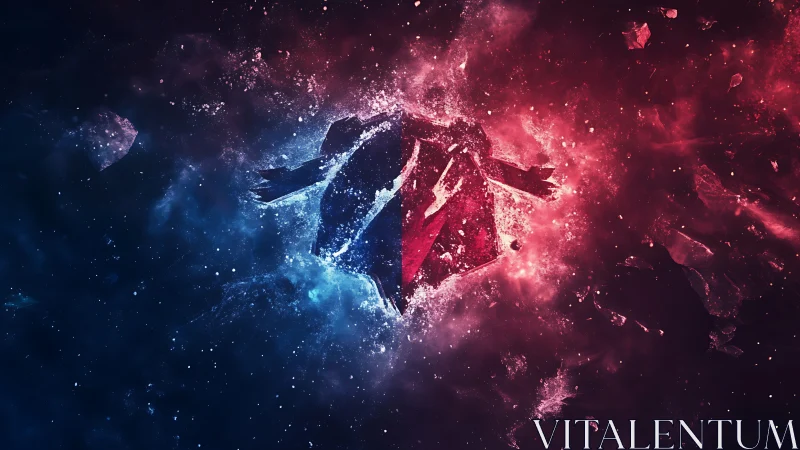 Shattered cosmic crystal glowing in swirling red and blue light.