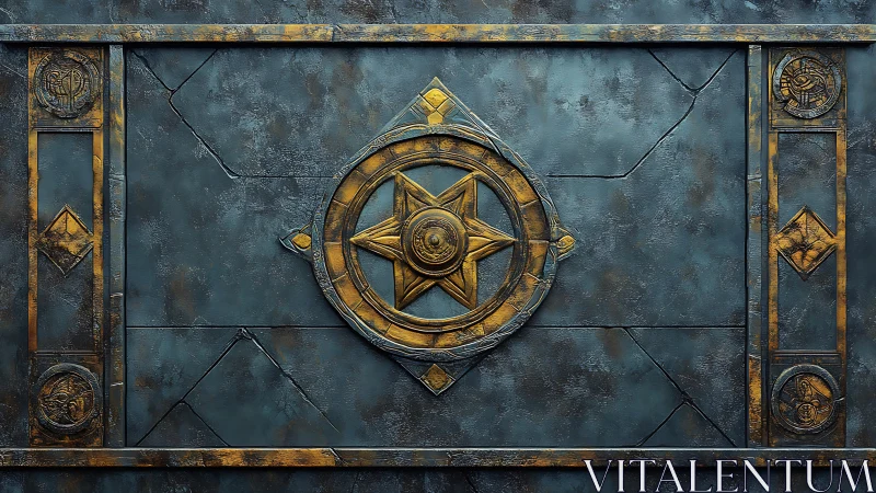 Bronze star emblem mounted on weathered blue metal panel