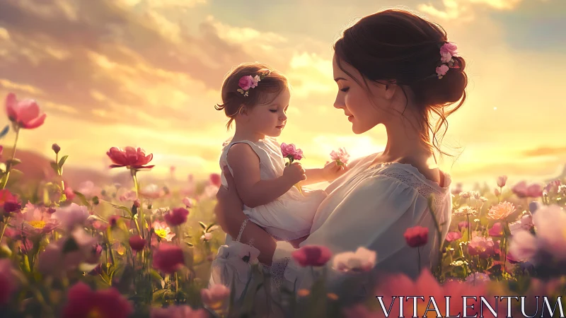 Mother and Child in Golden Flower Field at Sunset.