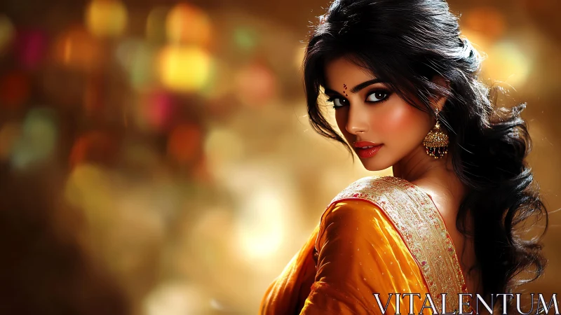 Elegant woman in golden sari against glowing bokeh backdrop.