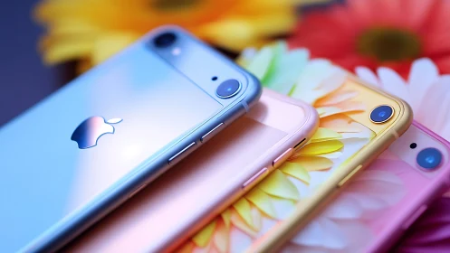 Colorful smartphones glowing softly against bright flowers.