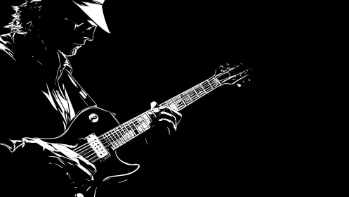 Silhouette guitarist plays electric guitar in high contrast light
