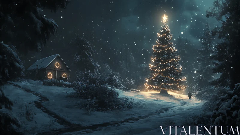 Snowy forest glows around a radiant winter holiday tree