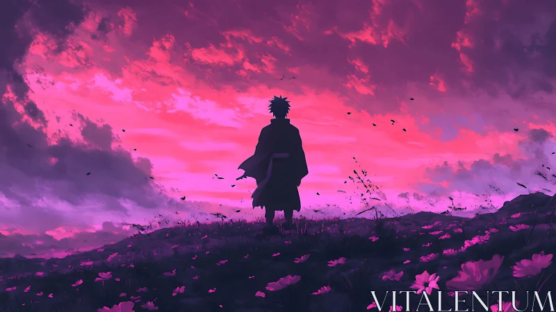 Solitary wanderer contemplates a neon twilight horizon.