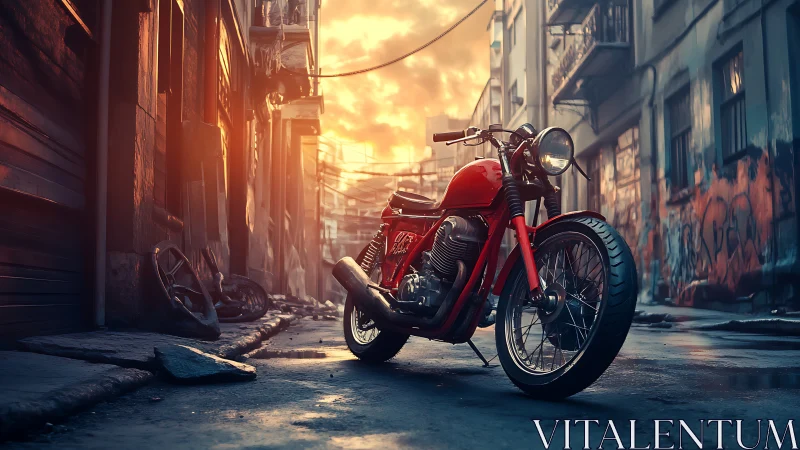 Red custom motorcycle waits in a sunlit urban backstreet