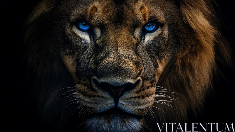 Lion portrait glows with intense blue, luminous eyes.