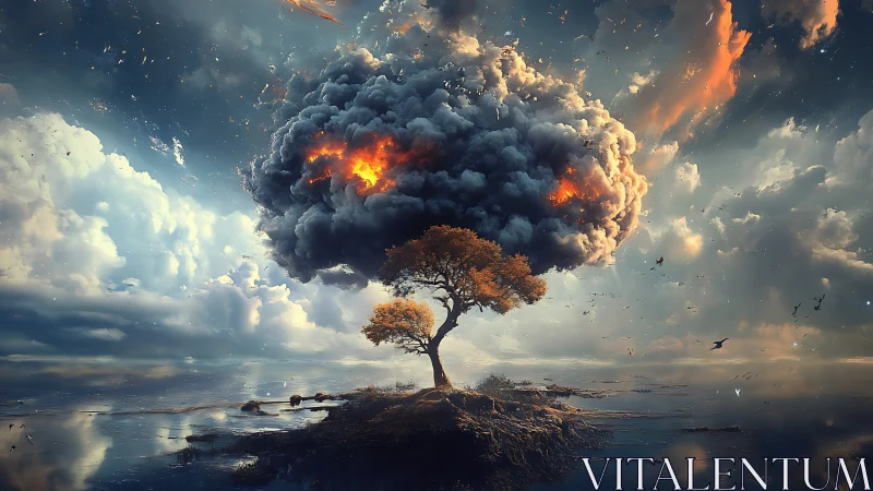Lone tree beneath erupting fiery cloud over calm water.