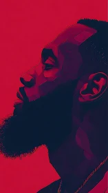 Profile portrait uses bold red contrast and vector depth.