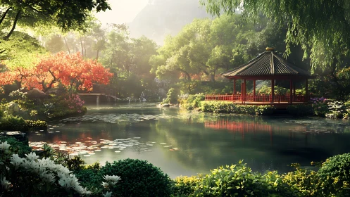 Sunlit koi pavilion dreaming over a mirror still lotus pond.