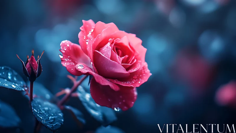 Red rose with water droplets against blurred blue background