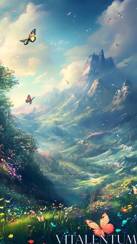 Panoramic fantasy valley with atmospheric mountains and butterflies