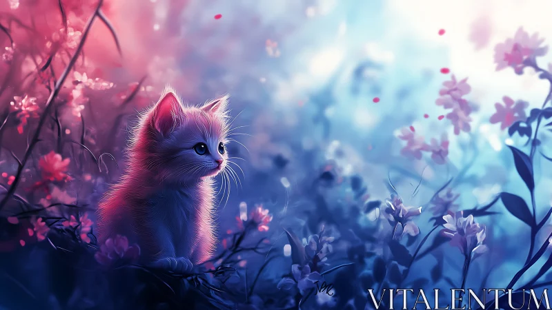 Kitten Among Blooming Flowers in Surreal Light.
