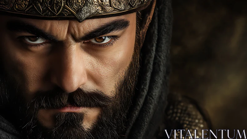 Intense bearded warrior portrait rendered in dramatic close-up