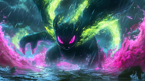 Neon sea monster surges through storm with glowing fury.