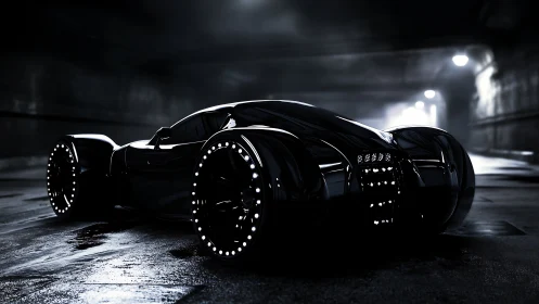 Futuristic black supercar waits in moody underground tunnel