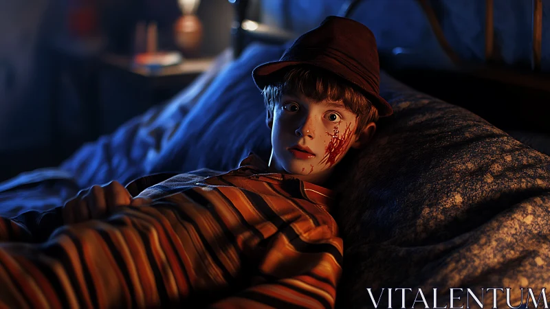 Cinematic 3D portrait of shocked boy in dramatic night lighting.