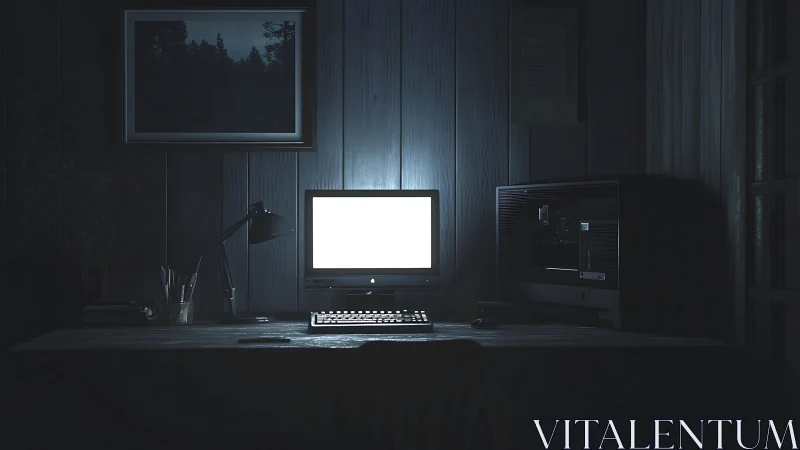 Dim home office with illuminated vintage desktop computer.