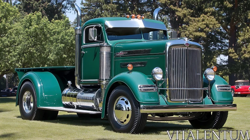 Vintage green semi truck in polished show-condition profile shot.