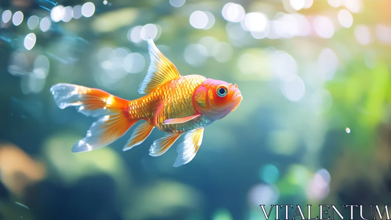 Vibrant goldfish glides through glowing aquatic bokeh.