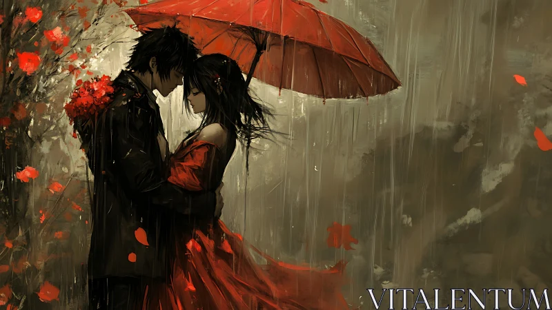 Lovers Dance Through Scarlet Rain Beneath Crimson Silk