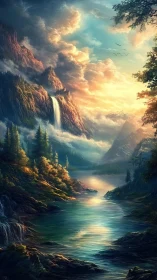 Cinematic alpine river valley rendered in luminous digital painting