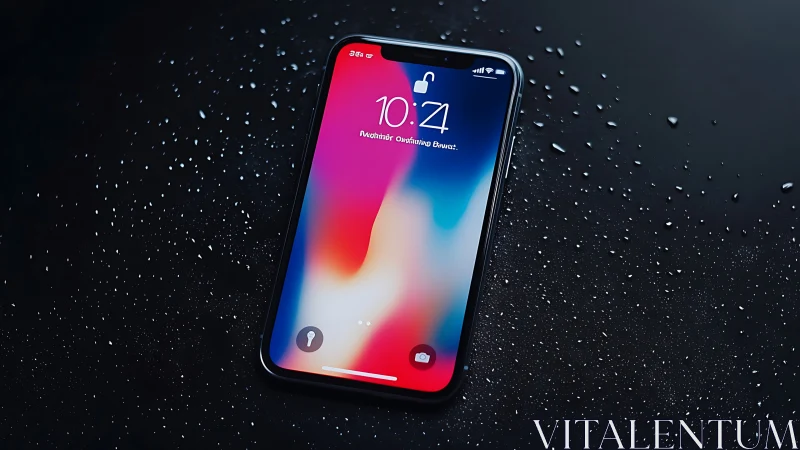 iPhone X with Dynamic OLED Wallpaper on Wet Black Surface