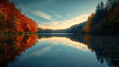 Calm forest lake reflects autumn trees and soft cloud patterns
