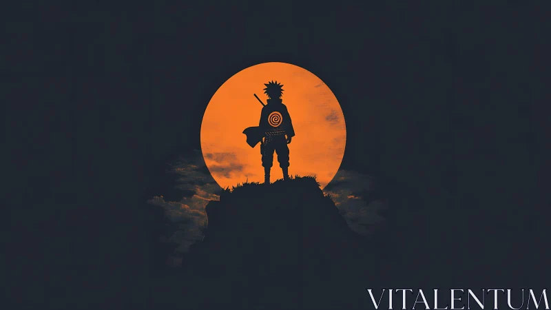 Silhouetted ninja on cliff against large orange moon.