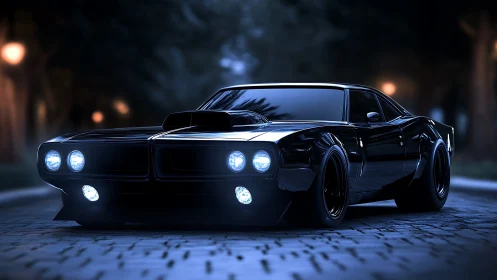 3D nocturnal muscle car render with cinematic low-key lighting.