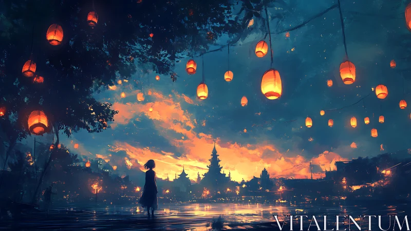 Girl watches glowing lanterns over lakeside temple at dusk.