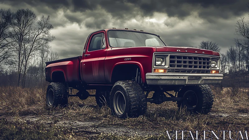 Storm-lit lifted red pickup truck in wild autumn field.