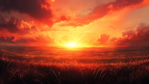 Burning horizon sunset over windswept golden grasslands.