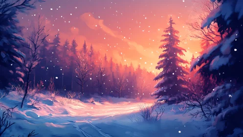 Snowy forest path under warm winter sunset light.