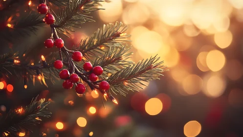 Macro evergreen bokeh study with red berry illumination.