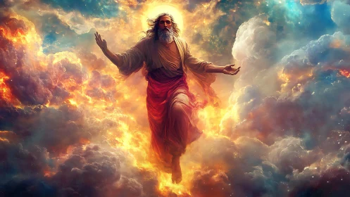 Radiant sky figure walks through glowing clouds of light