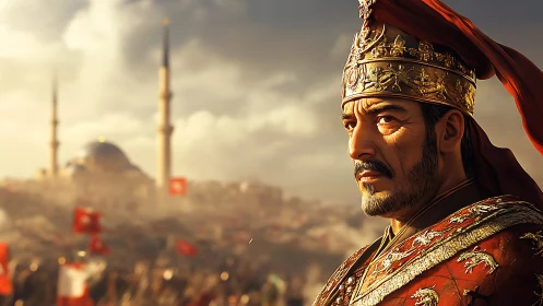 Crowned commander steadies the sunrise over a stormed city