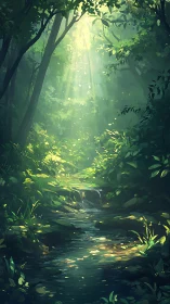 Enchanted forest stream bathed in golden sunlight