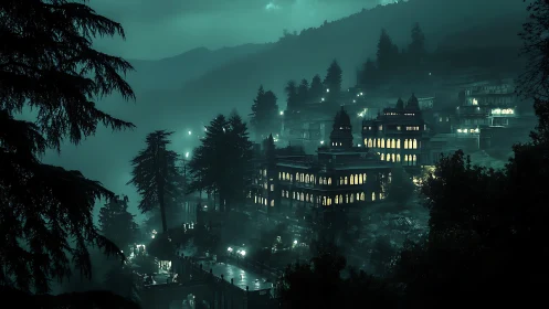 Photorealistic misty hill palace with luminous facades at night.