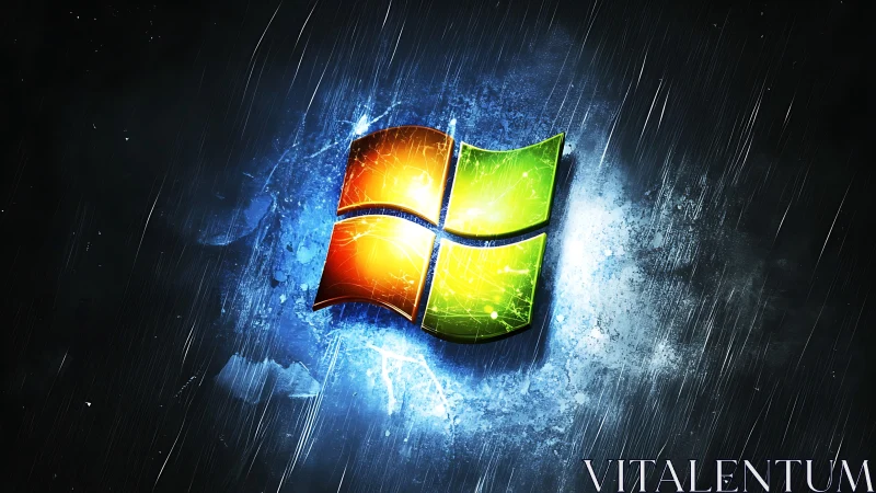 Glowing quad-pane OS emblem in storm-etched digital void.