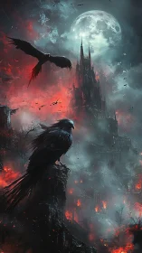 Lunar backlit gothic citadel with ravens over pyroclastic ruin.