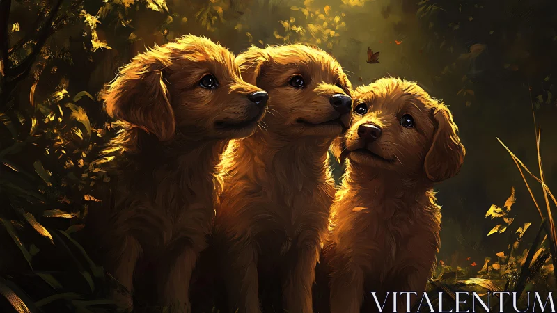 Golden retriever puppies glow under warm forest light.