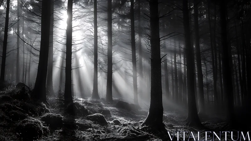 Monochromatic Forest Landscape with Crepuscular Light Rays Penetrating Bare Tree Canopy