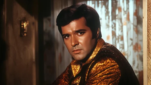 Cinematic male portrait rendered in warm retro photorealism