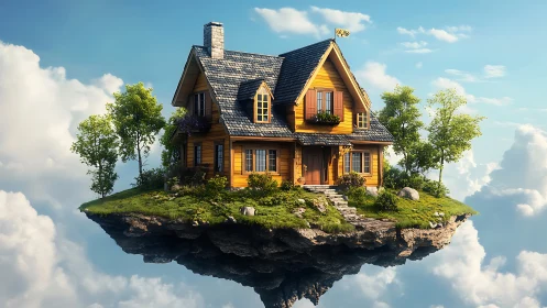 Yellow House on Suspended Rock Formation Above Clouds.