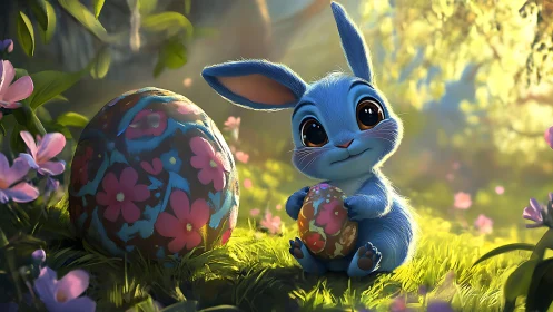 Bright-eyed blue bunny cradles painted eggs in spring glade.