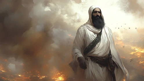 Bearded robed figure stands amid dense smoke and fire