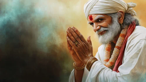 Elderly sage in detailed devotional pose, high-fidelity render.