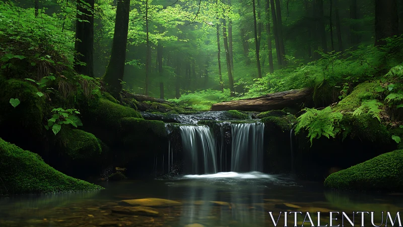 Serene Forest Waterfall Nestled in Lush Green Woods