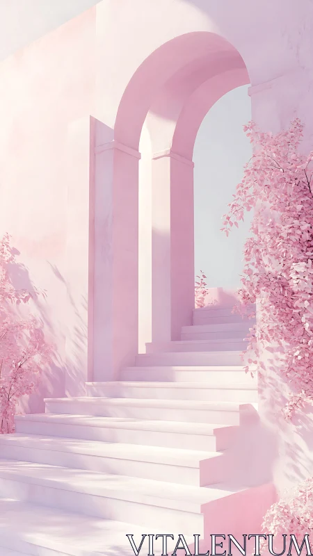 Cotton-candy stairs quietly ascend through a blush-tinted arch
