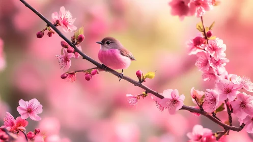 Peach-Breasted Bird Perched Among Blooming Cherry Blossoms. Nature Portrait.